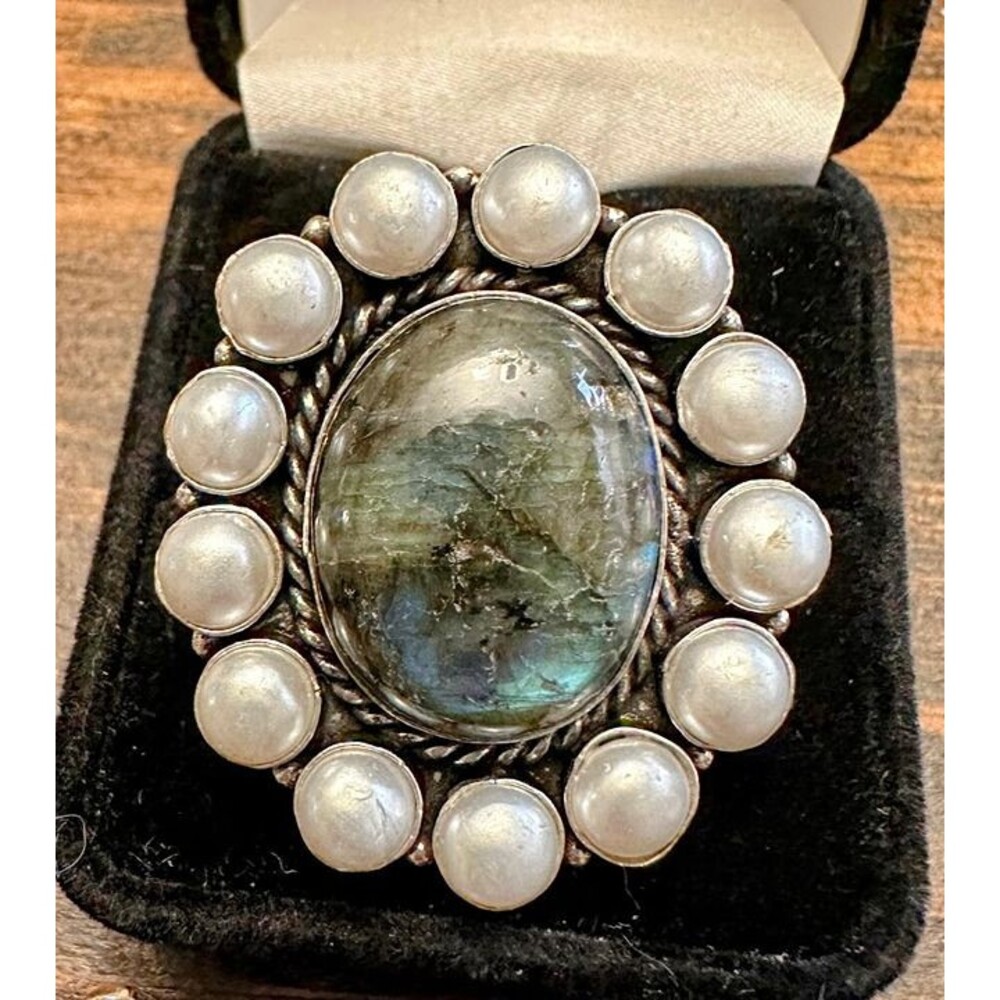 Labrodite & Pearl .925 Sterling Silver Statement Cluster Ring Size 9